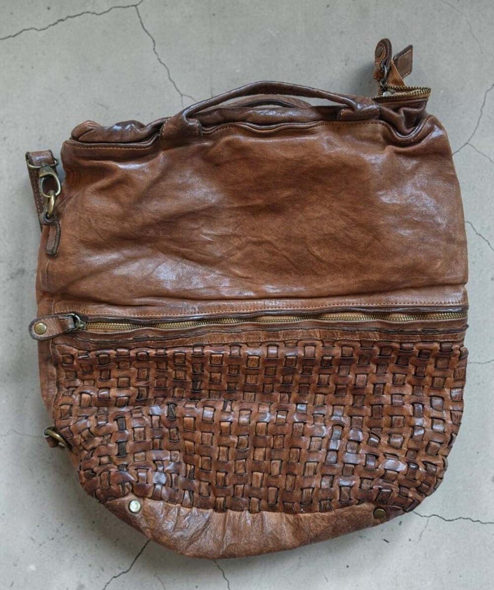 Langellotti Brown Leather Handbag Woven Design Made In Italy